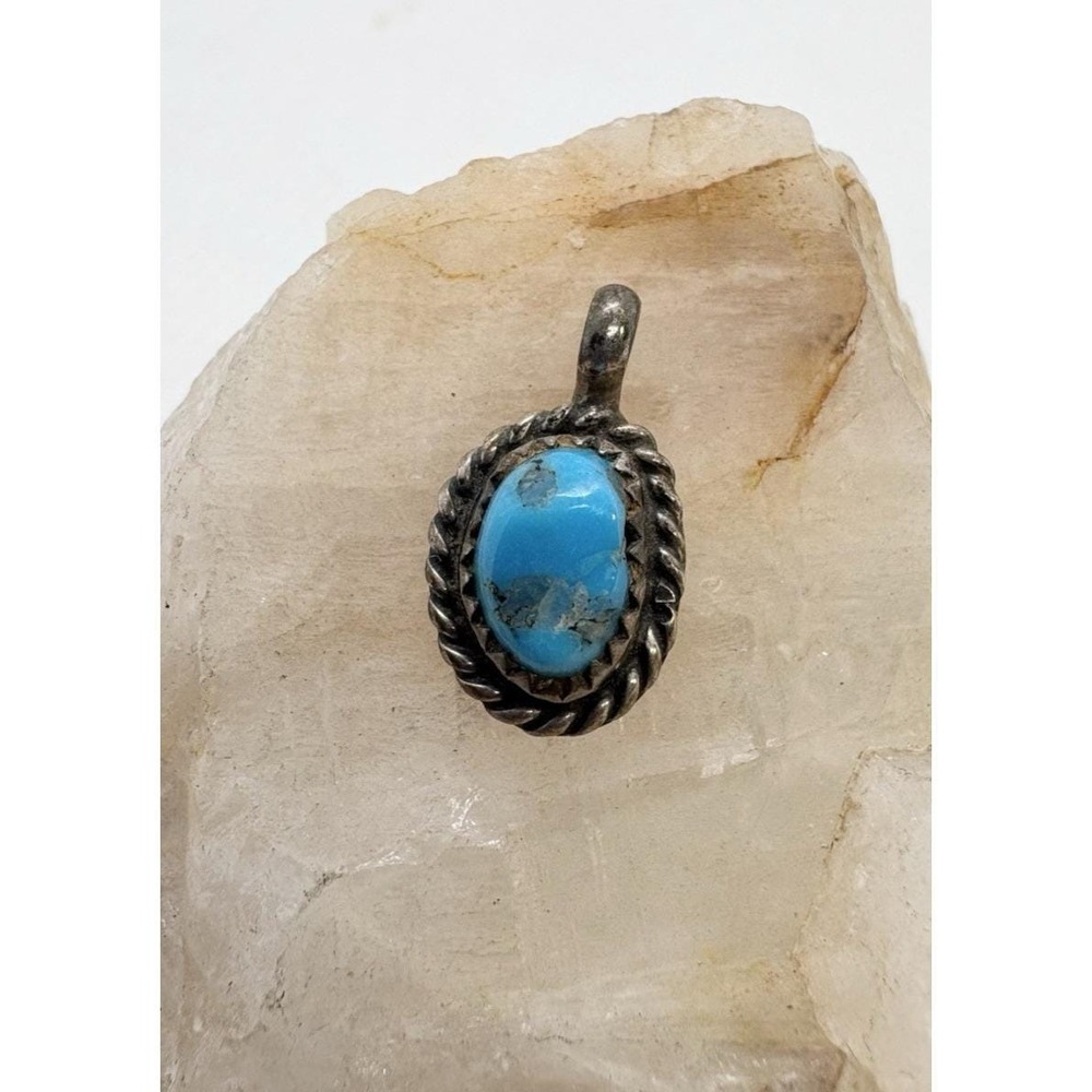 Vintage Sterling Silver Turquoise Oval Pendant Rope Bezel Southwestern 1.26g‎